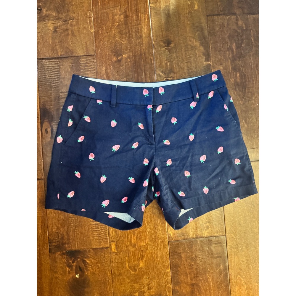 J.Crew Navy Blue Strawberry Embroidered Chino Shorts Womens 4 Fruit Print Cotton